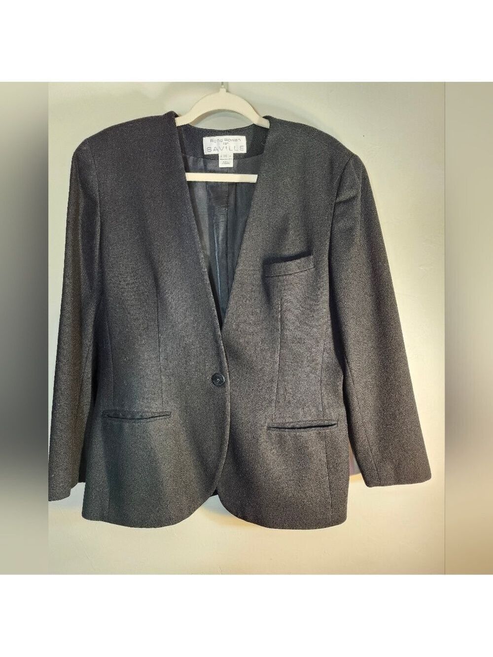 Saville Rena Rowan One Button Collarless Black Wool Blazer Sz 14